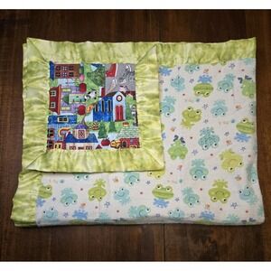 Handmade Vtg Baby Blanket Quilted Reversible Frogs City Shoes Flannel 38x32 Silk